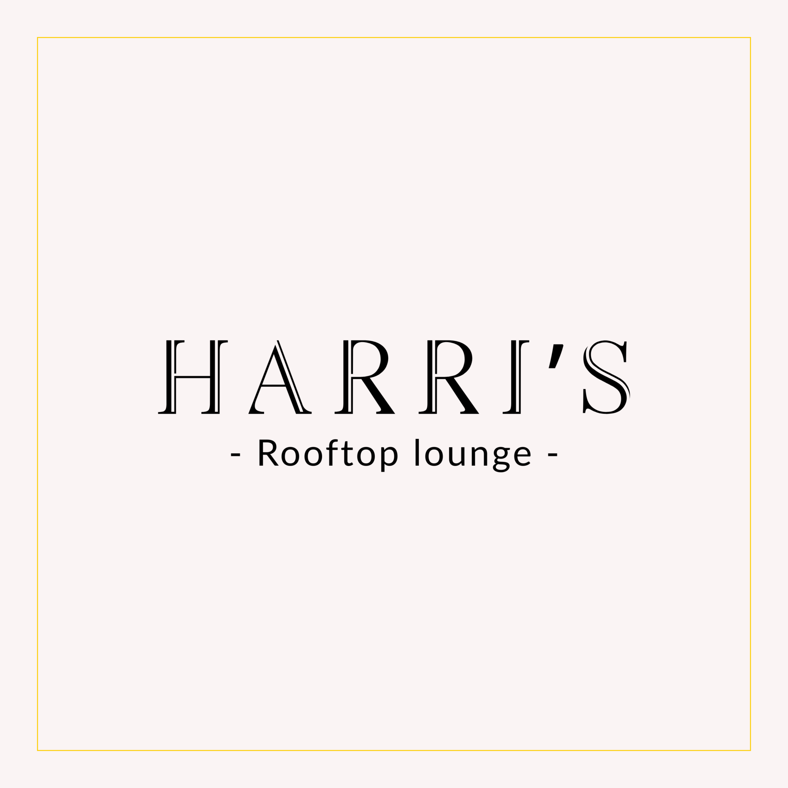 Harri's Rooftop loungen logo. Musta teksti vaalea, persikkainen pohja.