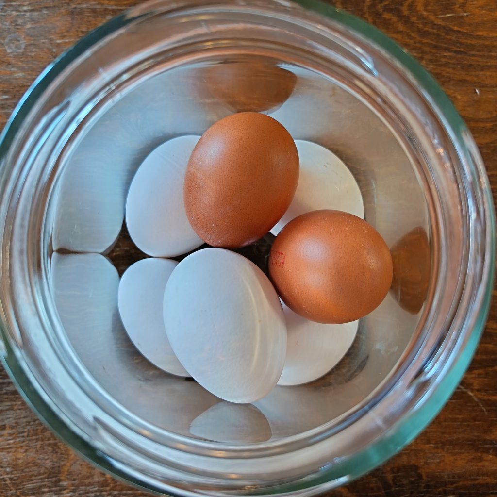 Ruskeita ja  valkoisia kananmunia lasipurkissa puupöydällä.